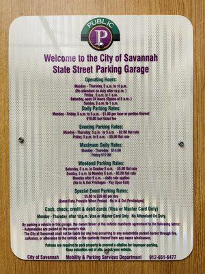 Info board with fees in elevator