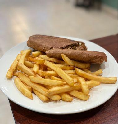 Churrasco Sandwich (Beefless Steak) on Wheat Bread with fries