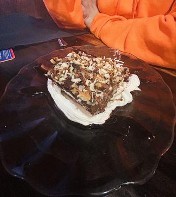 Chocolate layered dessert was unique and rich.