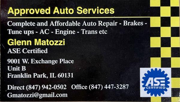Approved Auto Services business card