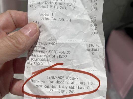 Receipt shoved in my driver's side door.