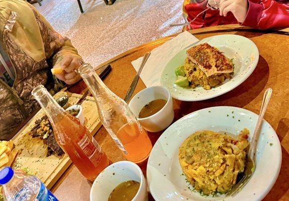 Mofongo Salmon fillet with sauce, Bisteak, Yucca Fries