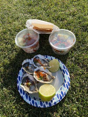 Oysters, fish and shrimp ceviches over the top flavors Happy Day. Sunnyvale and Mtn. View Farmer's Market