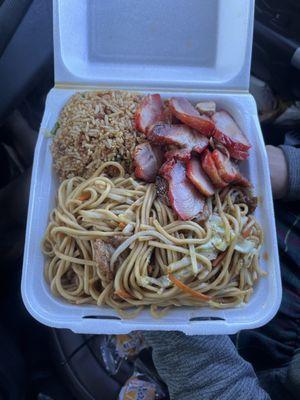 #14 combination of Pork fried rice, Beef chow mein, and sliced Bar-B-Q Pork