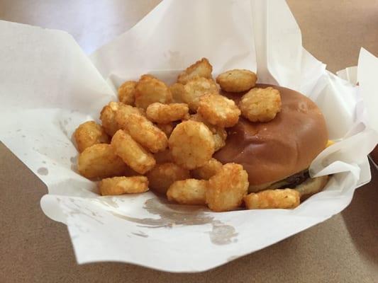 Double cheeseburger and tater tots basket