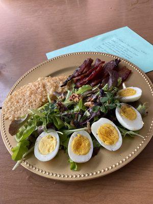 Fathers Day Brunch - Candied bacon, Parm crisps, and eggs a/greens