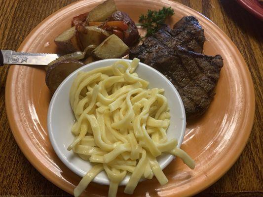 Twin 4 oz Medallion Filets with homemade noodles and roasted red skin potatoes
