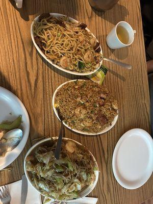 Top to bottom: lo mein, fried rice, chop suey.