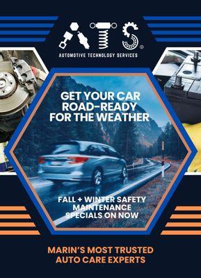 Get your car road-ready for the weather : Fall + Winter Safety Maintenance Specials only at ATS