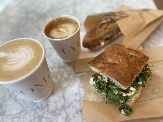 Lavender latte, focaccia, roasted red pepper baguette
