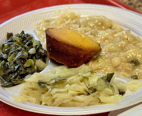 My plate: chicken n' dumplings, cabbage, turnips and jalapeño cornbread!
