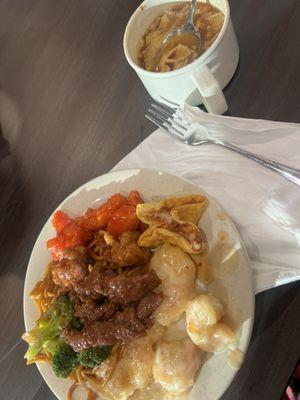 Coconut shrimp, generals chicken, honey chicken, cream cheese wonton, broccoli beef and hot n sour soup