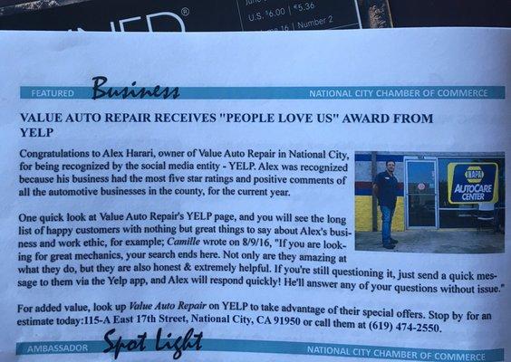 Value auto repair made the National City Chamber of commerce!! They receive "the people love us" award from Yelp!! Congratulations!!