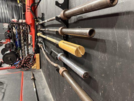 Types of equipment available - lots of bars and accessories to mixup training.