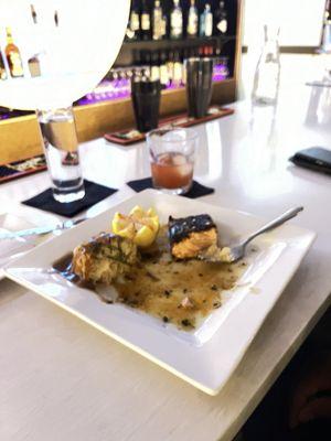 Salmon and mashed pork