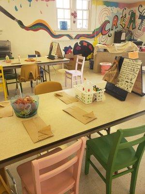 Craft room. The crafts are free and already set up for kids to make!