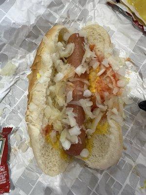Hot dog minus sauerkraut.