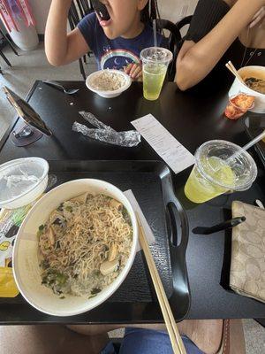 Ramen with kimchi, daikon, and rice. Pineapple pouches.