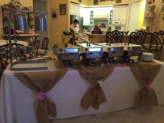 Buffet line, prime rib carving station.