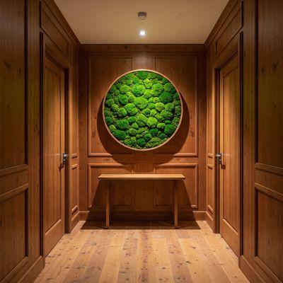 Circular pillow moss frame in custom wood frame.