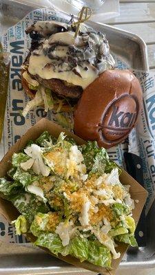 I order the "Bubba Burger " I love mushrooms & pineapple with a side Caesar salad.