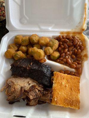 Brisket, okra, baked beans, cornbread for $15.