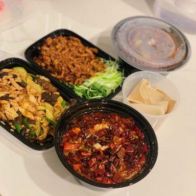 Moo Shu Pork 木须肉, Sauteed Pork with Sweet Bean Sauce 京酱肉丝, Szechuan Style Beef 水煮牛 - great portions and quality