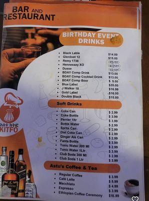 Astu Kitfo back of menu drink menu: Alcohol, Soft Drinks and Coffee