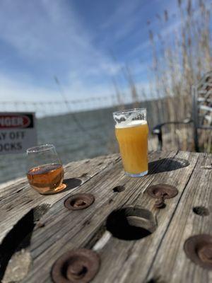 Outdoor seating with an IPA and a rosé