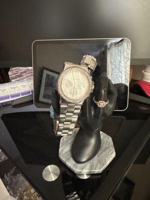 Michael Kors, watch, white gold wedding band, Rose code promise ring.