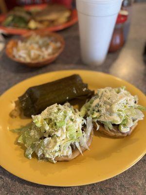 Sopes with a chicken tamal