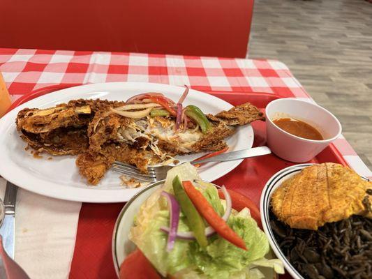 Fried fish green plantains, Haitian rice