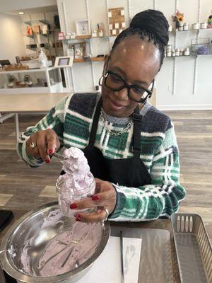 Luxe Body Butter Making with added skin safe purple color tint.