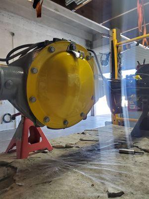 Rear differential cover powder coated in "hot yellow"