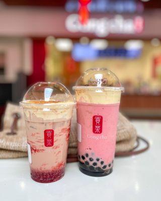 Creme Brulee Strawberry Smoothie (left) & Creme Brulee Strawberry Milk tea with boba (right)