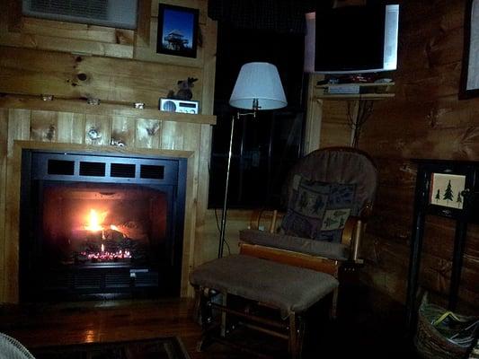 View from the Knob Cabin living room, enjoying the fireplace