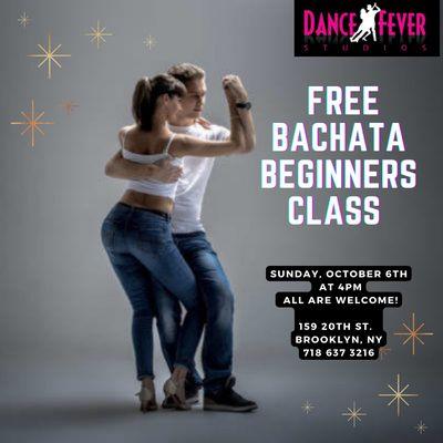 FREE Beginner Bachata Dance Class at Dance Fever Studios. No partner and no experience needed. All are welcome. Call 718 637-3216 to sign up