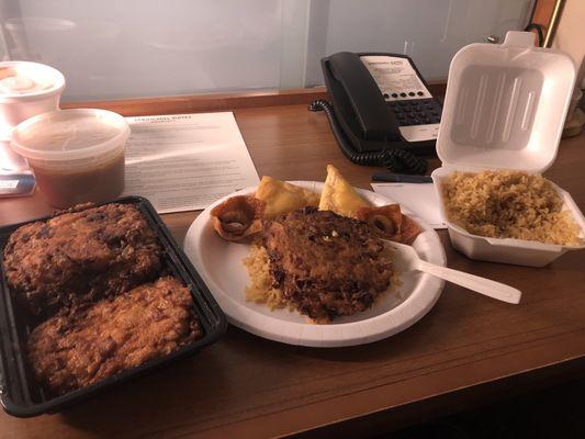 Shrimp egg foo young with fried rice, crab Rangoon and pork wontons