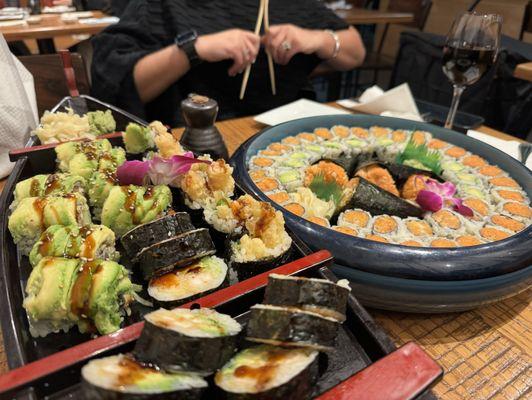 Mixed of your common Sushi. California Roll, Spicy Tuna, Spicy Salmon, Dragon Roll, and even the classic Shrimp Tempura Roll