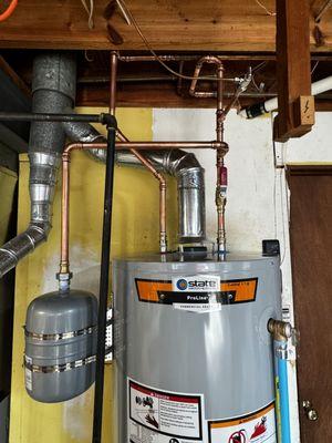 Installation of commercial grade water heater with thermal expansion tank and support bracket, ball valve and related pipe work.