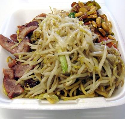 Three Items Combo: Bean Sprouts Chicken, BBQ Pork, Kung Pao Chicken with chow mein