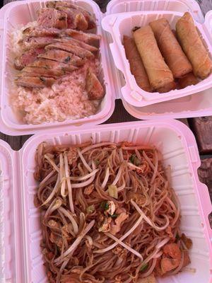Hmong sausage and sticky rice, eggrolls, and chicken stir fry noodles.