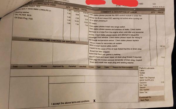 BMW technician report after Gus worked on my car to confirm my findings.