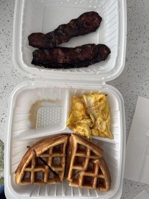 Waffle platter  Cheese eggs Turkey bacon
