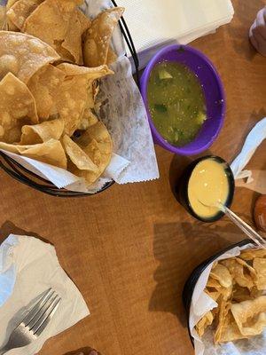 Tortilla chips, chiles, queso