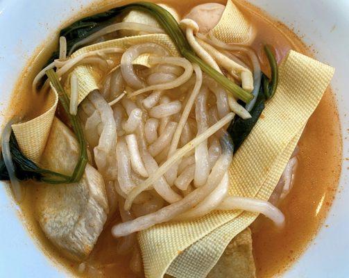 Potato noodles in tomato broth with tofu products.