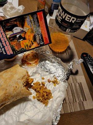 Breakfast burrito with egg shell