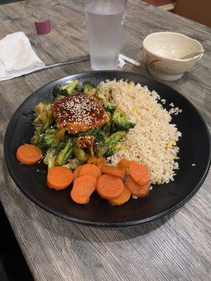 Terribly overcooked and overpriced teriyaki salmon ($16)