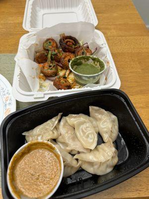 Mushroom tikka with green chutney and chicken momos (dumplings)