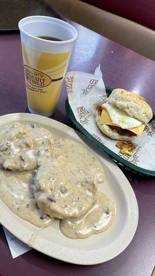 Bacon, egg, and cheese biscuit. Sausage and gravy biscuit. Large coffee.